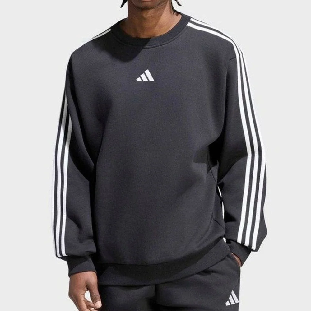 NWT Adidas Men's Large Black Fleece Sweatshirt Cotton Blend 3 Striped Pull over